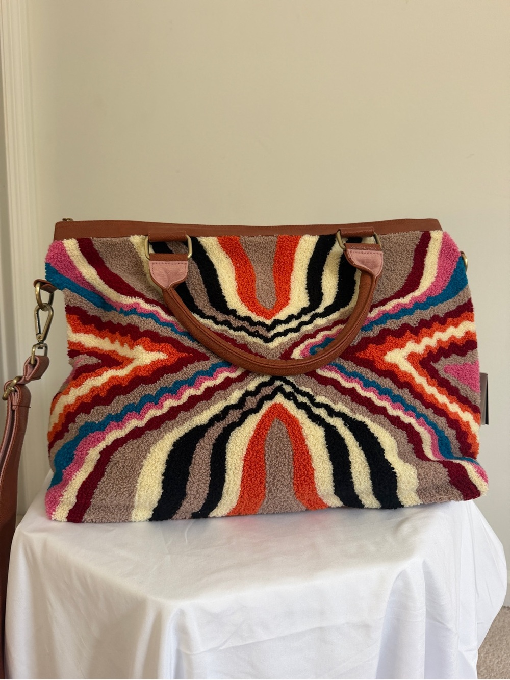 America & Beyond Pink Multicolor Crochet-Accent Tote